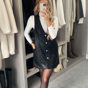 Black leather button detail pinafore dress